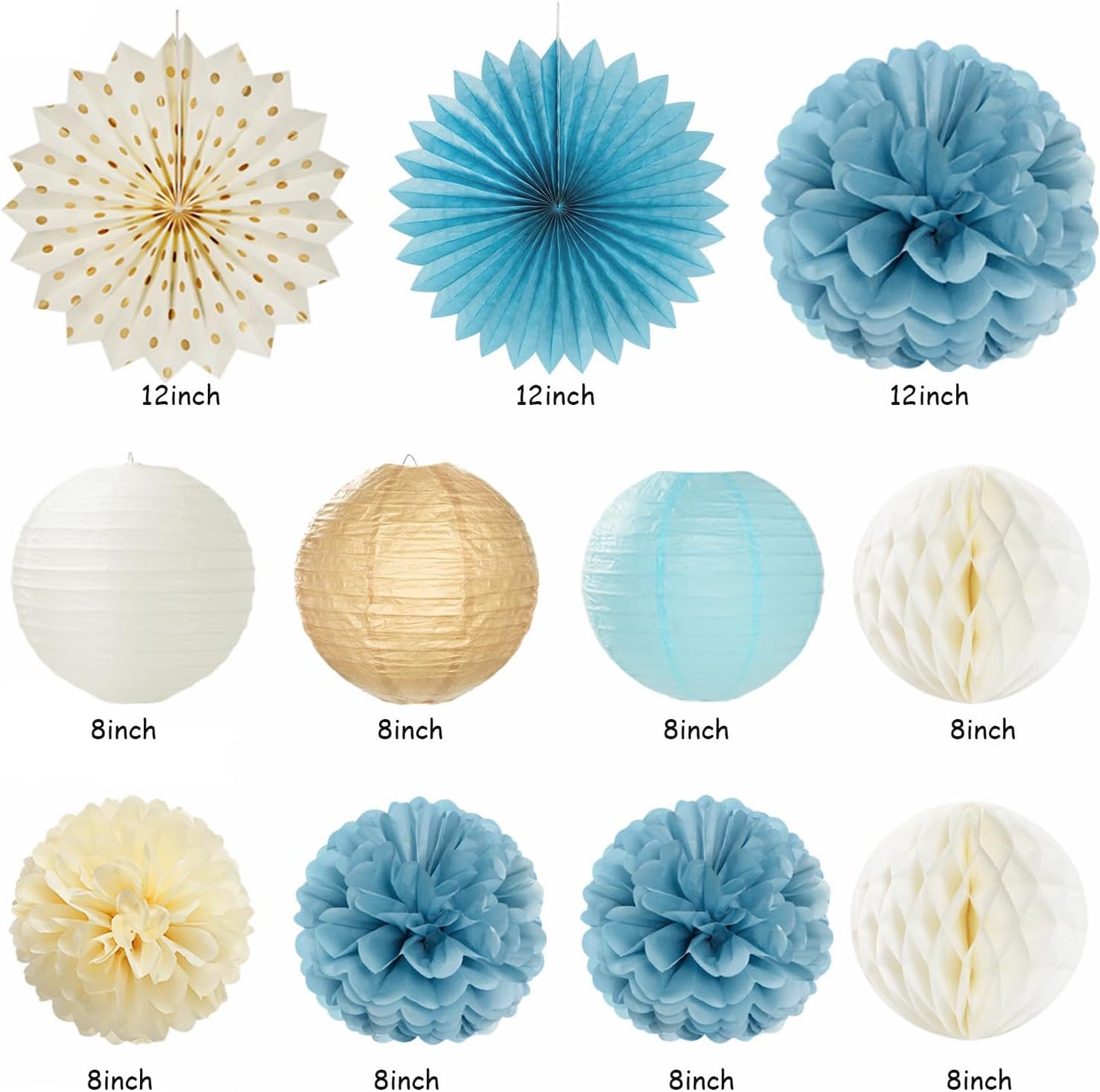 Light-Dusty Blue Beige-Champagne Women Birthday-Decorations - 21pcs Boho Neutral Happy Banner Garland,Paper Streamers Lanterns,Flower Tissue Pom Poms Fan Supplies,Wall Backdrop Party Decor Huglony