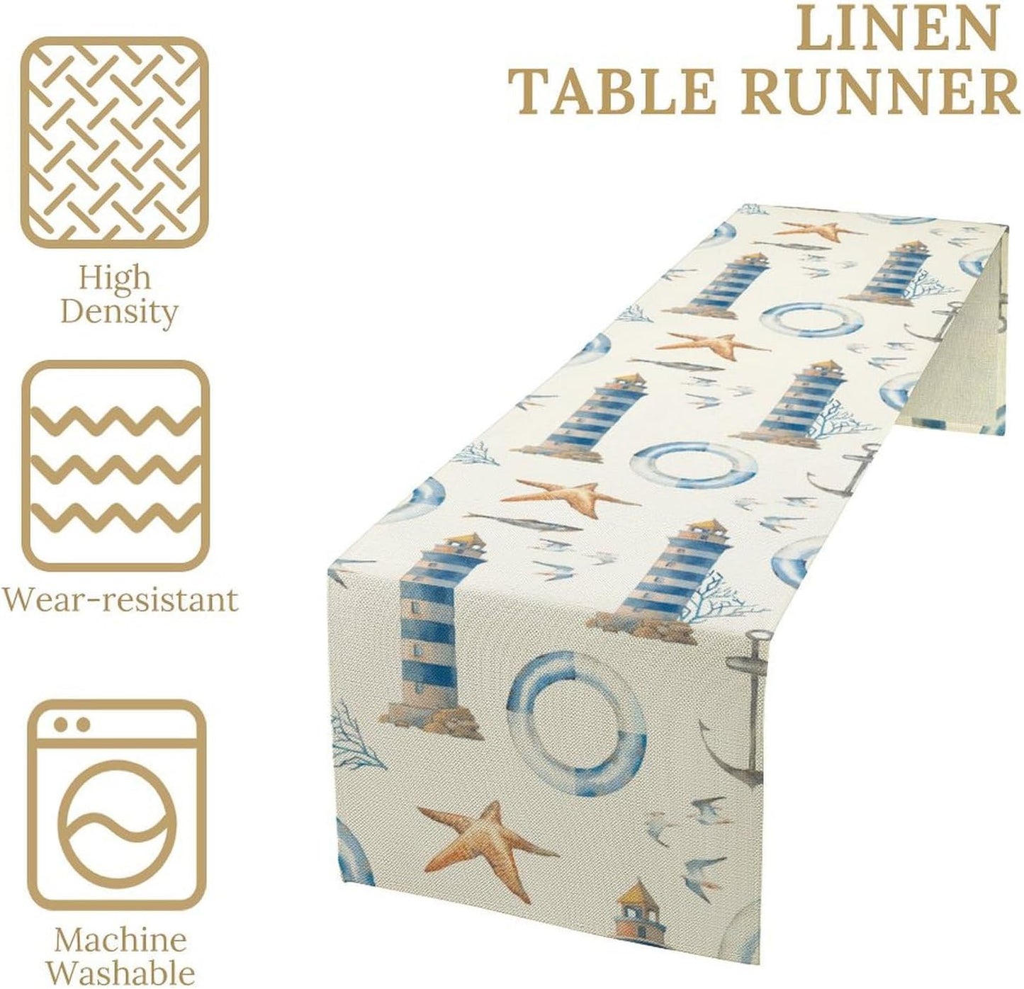 Blue Beach Table Runner, Tropical Ocean Coast Table Runner, Seashell Seasonal Nautical Restaurant Coffee Table Decorations for Home Holiday Party Indoor Outdoor 13x90 Inch