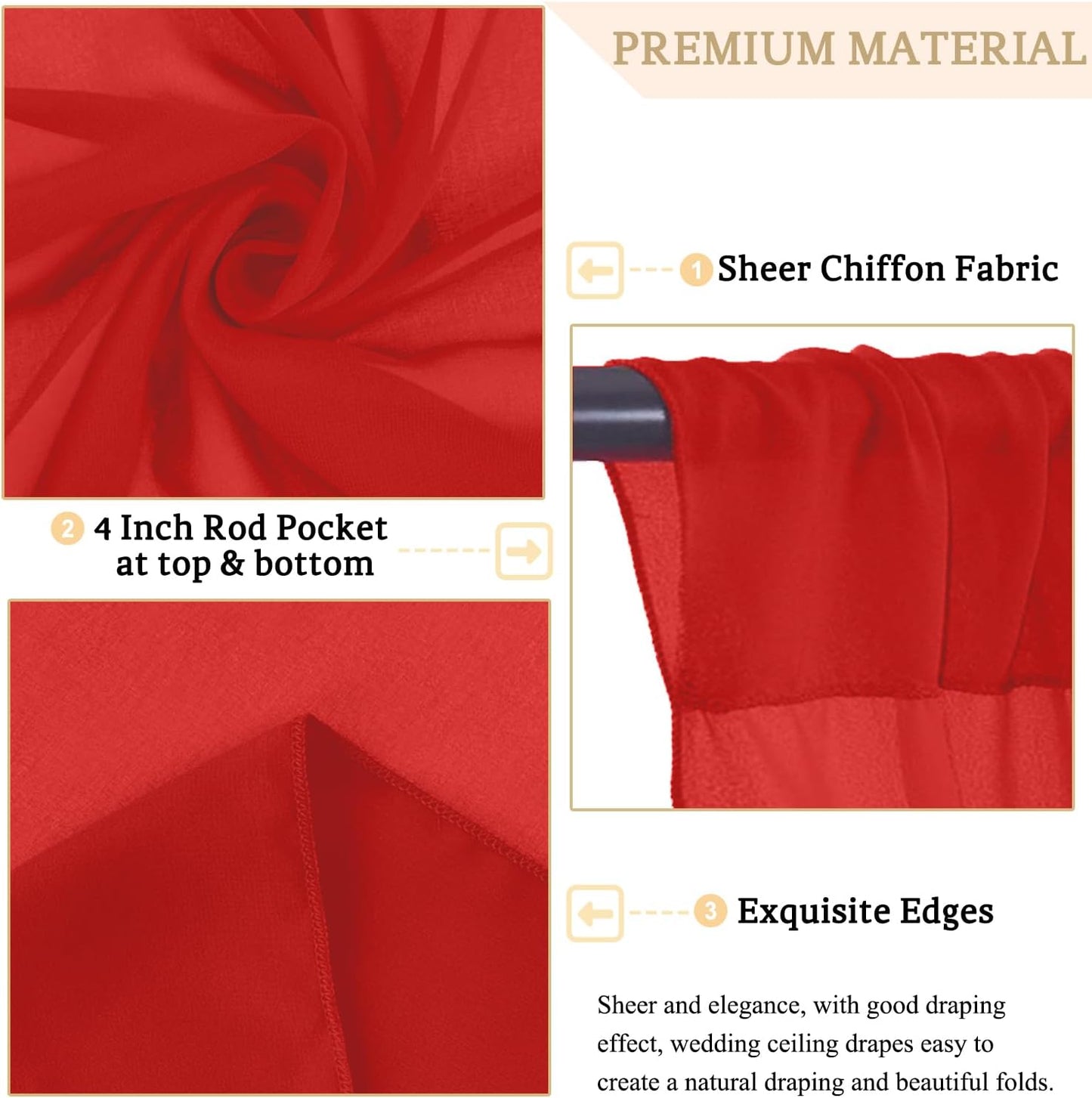 MODFUNS Red Ceiling Drapes for Weddings 5x30ft 6 Panels Chiffon Ceiling Curtain Sheer Fabric for Draping Tulle Arch Drapery Fabric Semi Sheer Backdrop Curtains for Ceremony Hall Ceiling Decor