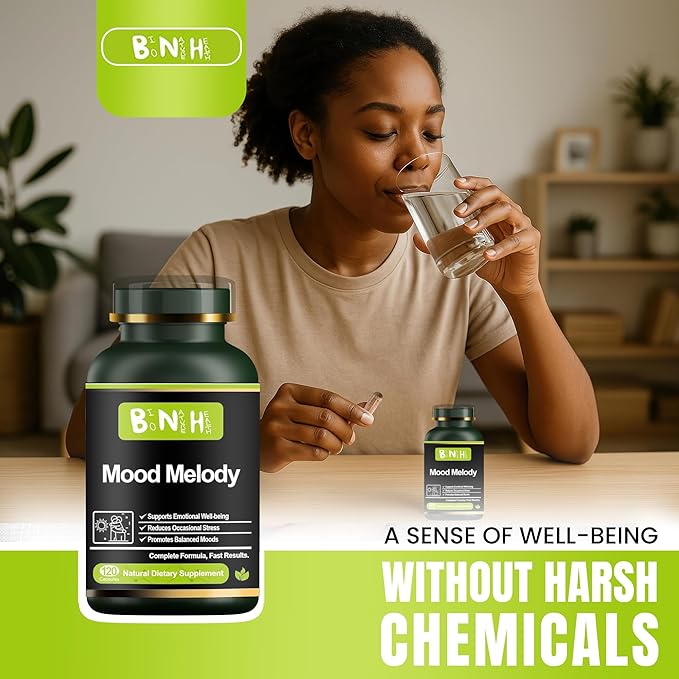 BNH Mood Melody - Balance Hormone Response - Serotonin - Dopamine - Oxidative Stress - Positivity - Relaxation - Encourages Neurotransmitter Production - 15 Clinically Proven Ingredients - 120ct