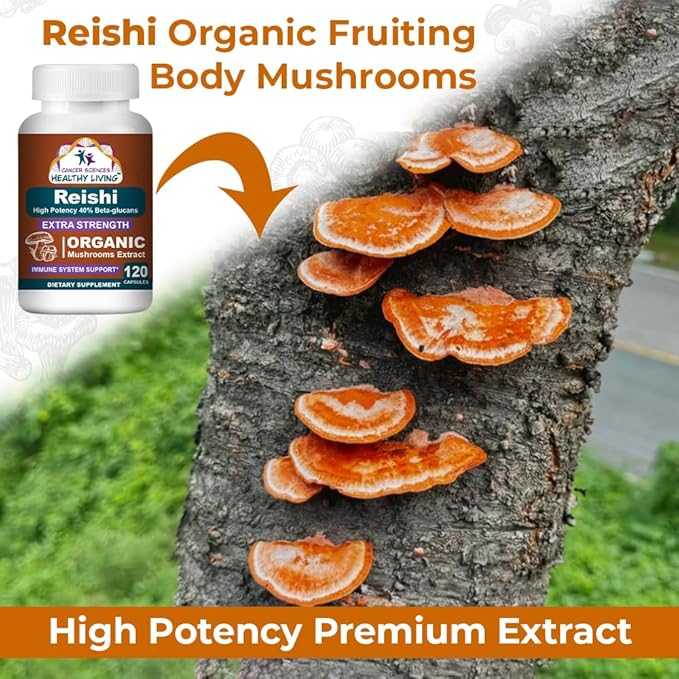 CANCER SCIENCES Reishi Wellness Mushroom Supplement Capsules, USDA Certified Organic Mushrooms Extract, Extra Strength 1,500 mg, High Potency 40% Beta-Glucans, Immune Support, Anti-aging, 120 Capsules