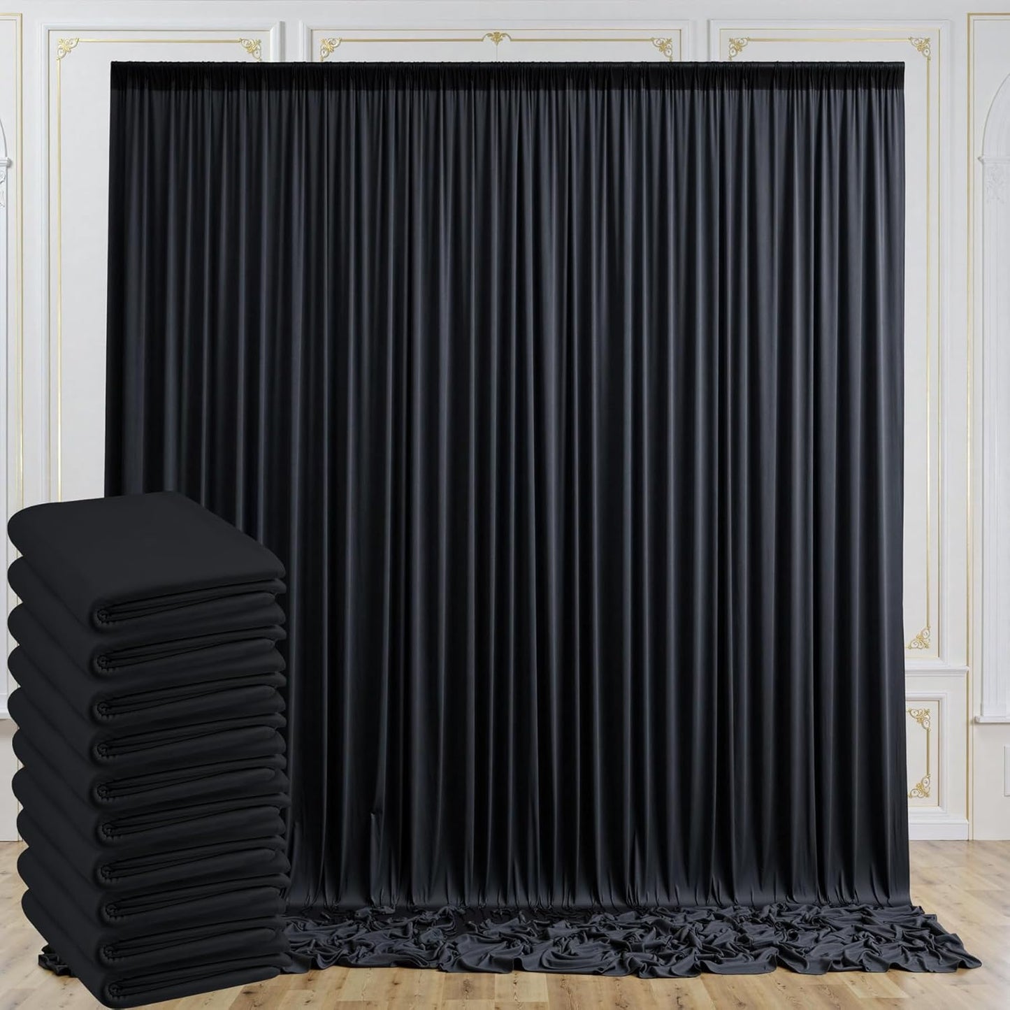 50ftx10ft Wrinkle Free Black Backdrop Curtain for Parties, 10 Panels 5x10ft Silky Photo Backdrop Drapes Back Drop Cloth for Wedding Birthday Photography Background Photoshoot Decor