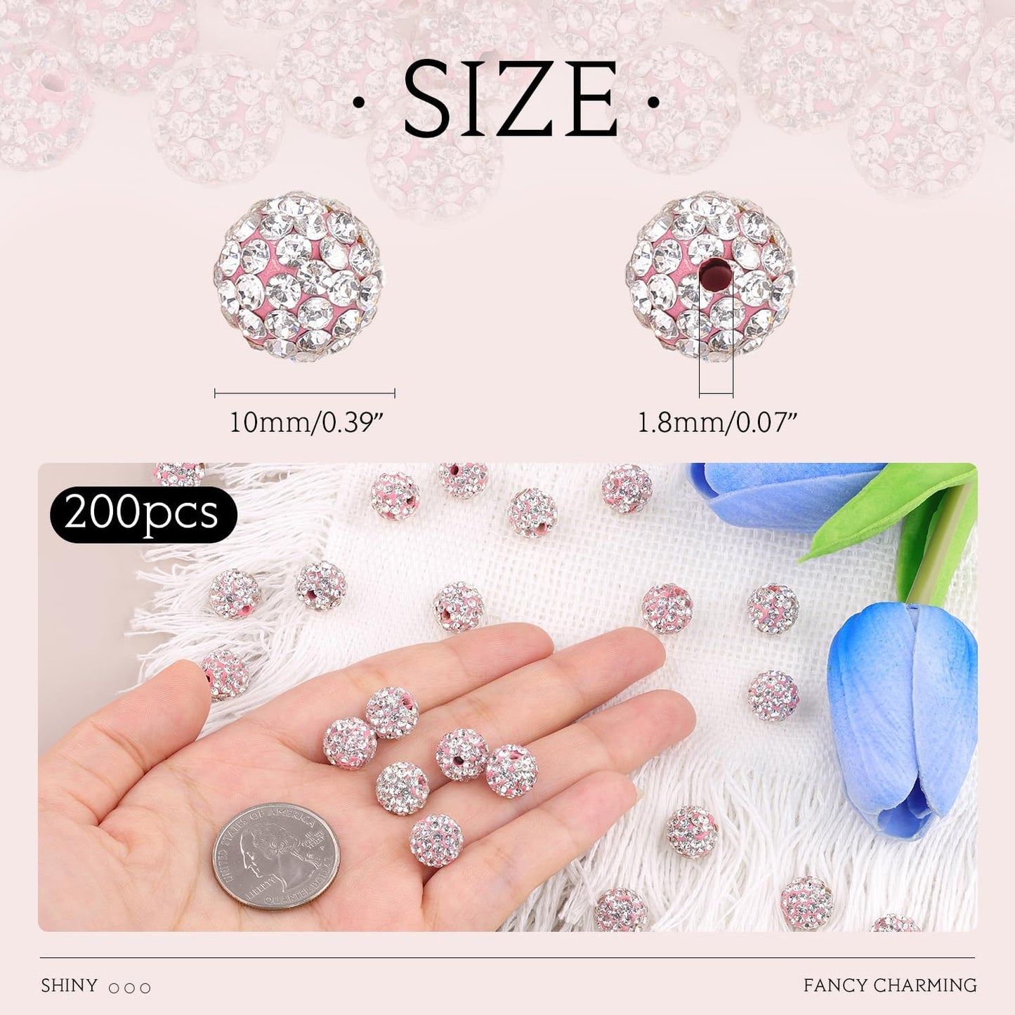 200pcs 10mm Pink White Rhinestone Beads for Jewelry Making, Shiny Round Shamballa Disco Ball Beads Bulk, Sparkle Crystal Clay Christmas for Bracelet Baseball Necklace Earring Crafting and DIY