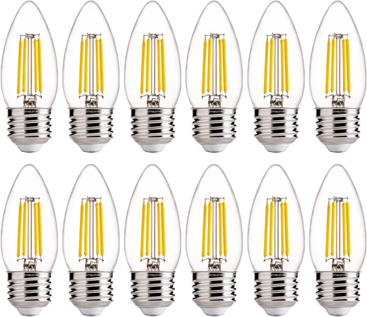 FLSNT 60W Equivalent LED Chandelier Light Bulbs, Dimmable LED B11 E26 Candelabra Base Bulbs, 3500K Natural White, 550LM, 12 Pack UL,CA65 Listed.