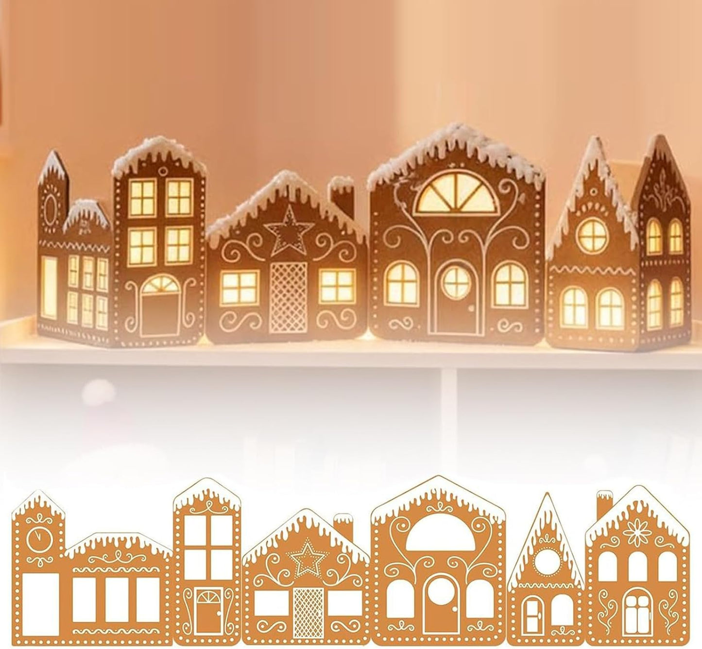 Christmas Gingerbread Village Light-Up Decor, House Cardboard Kit with LED Lights, Foldable House Village Centerpieces Christmas Decorations, Holiday Home Tabletop Decor
