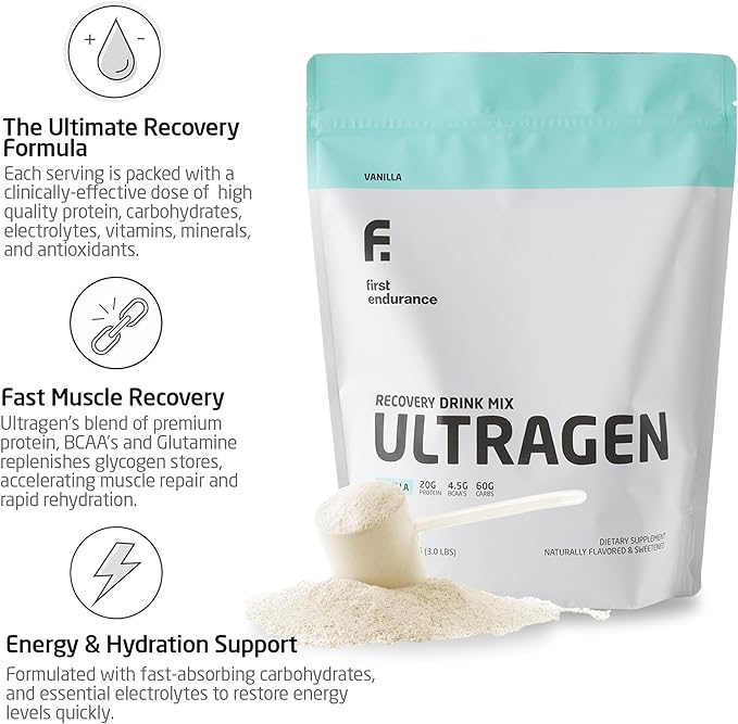 FIRST ENDURANCE Ultragen Workout Recovery Drink Powder, Protein Mix, Boosts Energy, Accelerates Recovery | Vanilla, 15 Servings