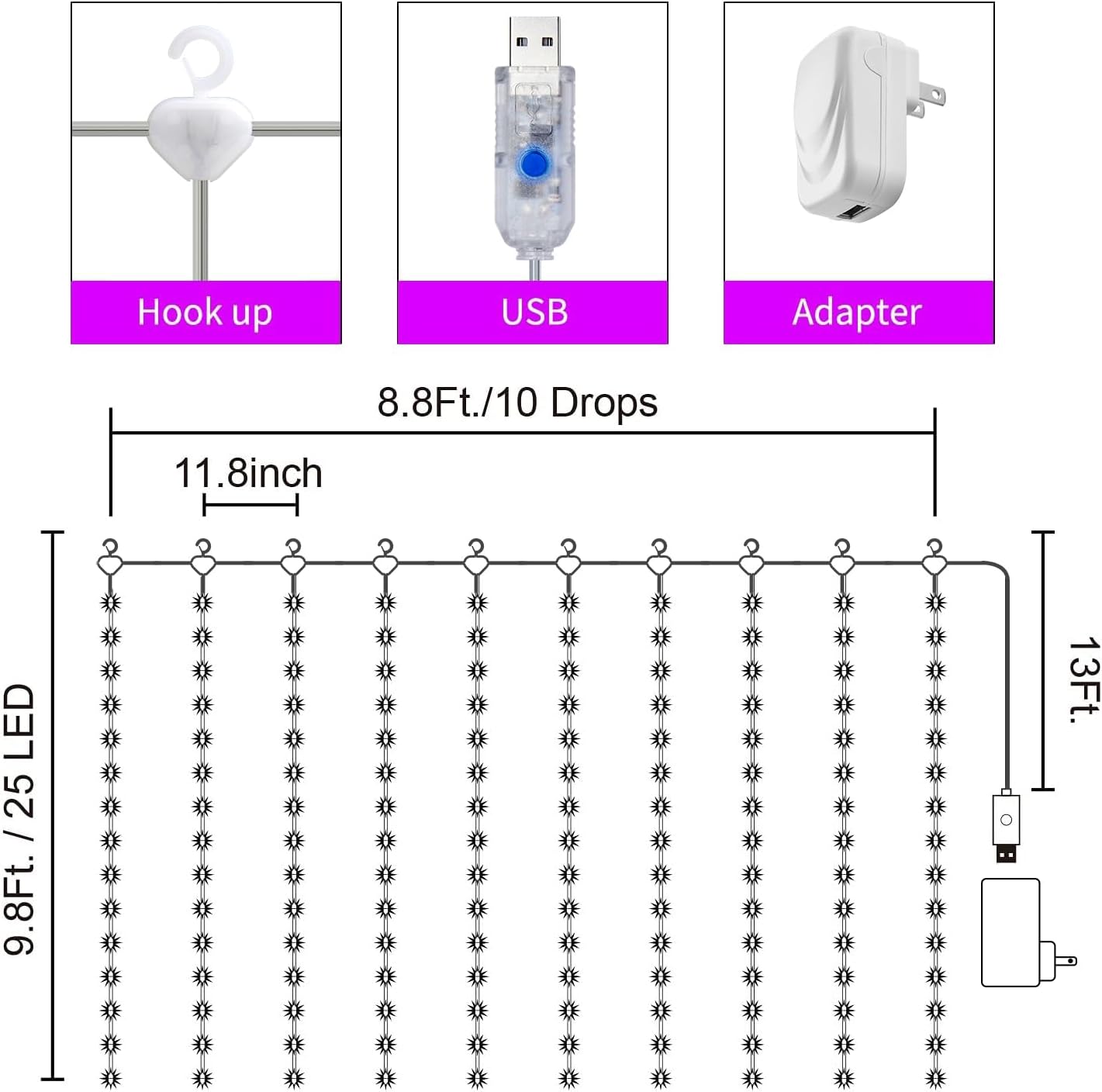 16 Colors Changing Curtain Lights - 250 LED 9.8 X 8.8 FT Fairy String, 7 Modes Twinkle with Remote, Backdrop Wall Hanging Dripping for Bedroom Backyard Halloween Christmas Decor