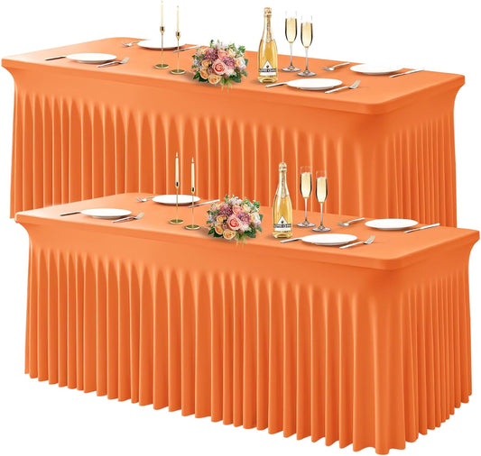 Wish Care 2 Pack Orange Spandex Table Clothes for 4 Foot Rectangle Tables, 4FT Wrinkle Free Fitted Tablecloths Ruffles Design Table Cover for Party, Banquet, Wedding and Events