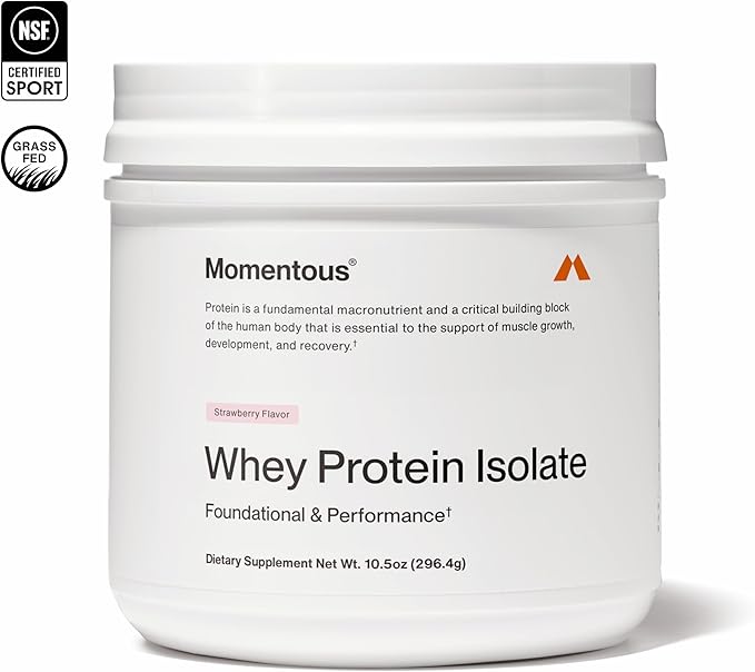 Momentous Essential Grass-Fed Whey Protein Powder - 20 g Whey Isolate Protein - NSF Certified for Sport - Gluten-Free - 12 Servings for Essential Everyday Use - Strawberry - Package May Vary