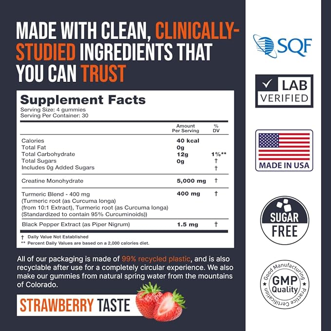 Creatine Monohydrate Gummies 5000 mg, Strawberry Flavor, 120 Sugar-Free Vegan Chews, Creatine Supplement for Daily Routine
