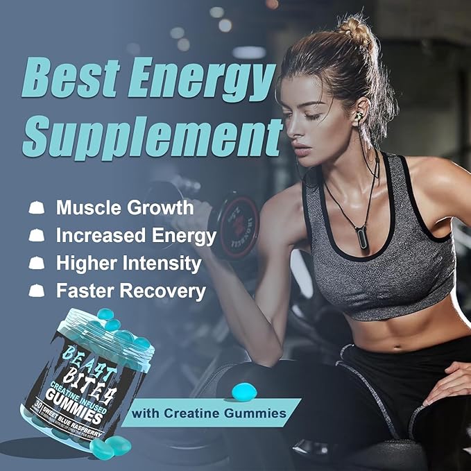 Creatine Monohydrate Gummies 5g per Serving - Vegan, Halal, Sugar-Free - Blue Raspberry Flavor - 30 Low-Calorie Gummies (2pcs)