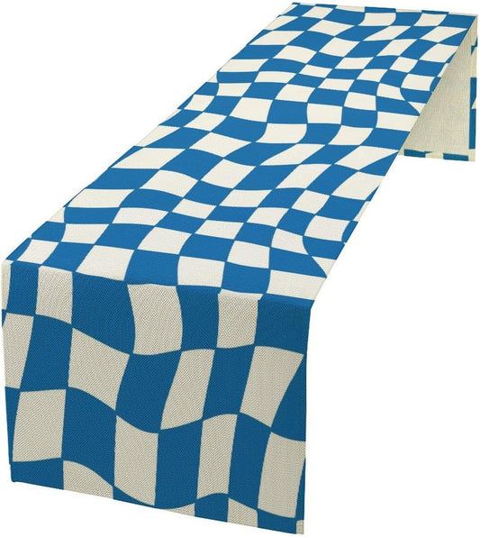 Table Flag Retro Plaid 60s70s Blue Plaid Table Flag Kitchen Restaurant Decoration Suitable for Indoor and Outdoor Festival Home Wedding Party Table Flag 13x90