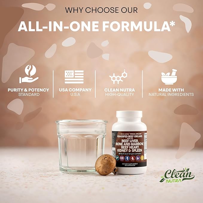Clean Nutraceuticals Grass Fed Beef Liver Capsules - Premium Quality Supplement Packed with Desiccated, Beef Heart, Spleen, Pancreas Plus Bone & Marrow Dao Enzyme Pills