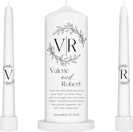 Unity Candles for Wedding, Modern Unity Set, Custom and Personalized Pillar and Taper Candles with Bible Quote, Unscented White Premium Wax, Religious and Wedding Ceremony, Special Events (Black)