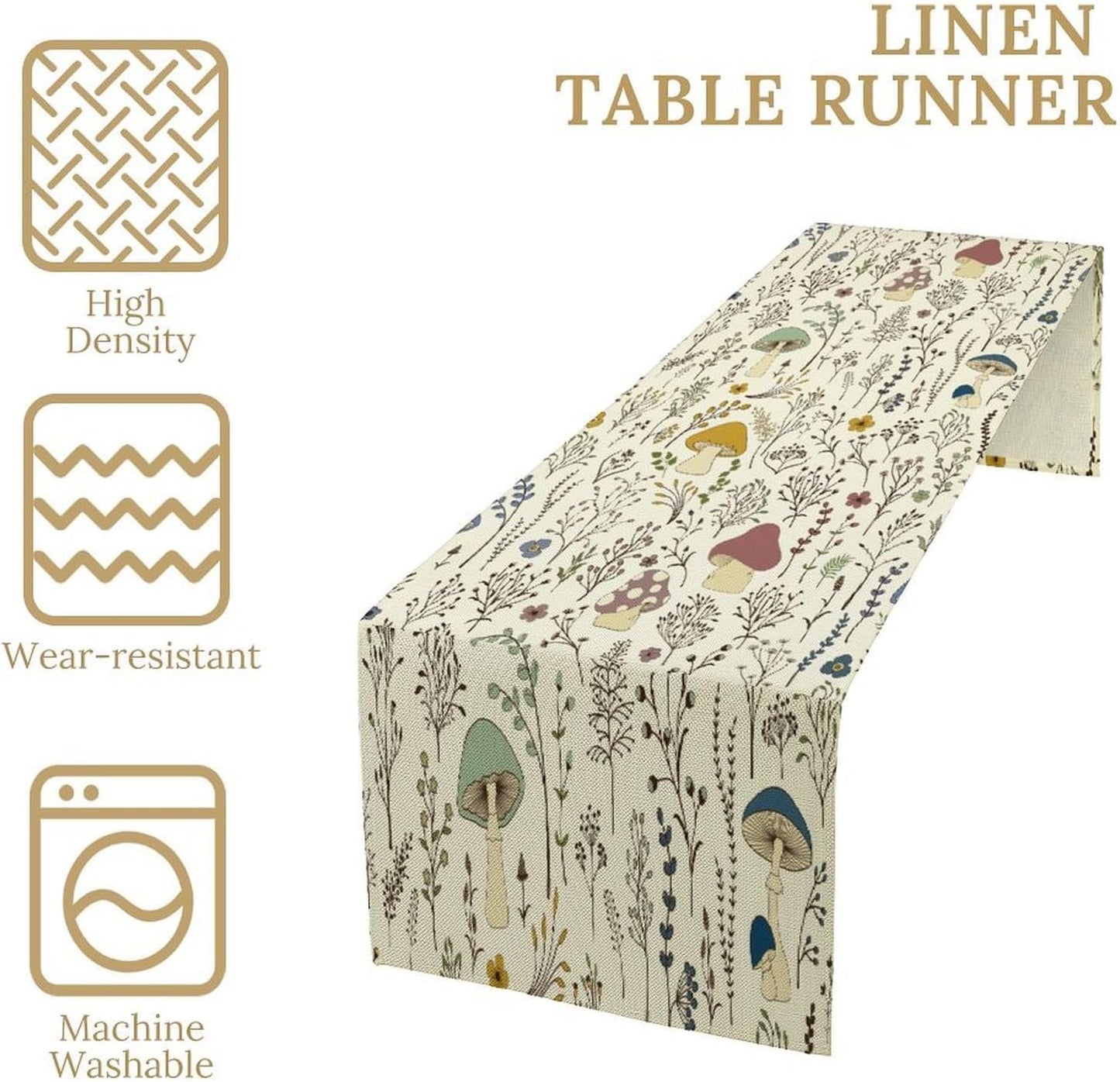 Mushroom Table Runner,Colorful Wild Plants and Fungus Botanical Plants Pattern Print Burlap for Hotel Indoors Outdoor Dining Room Kitchen Holiday Party, 13x36in
