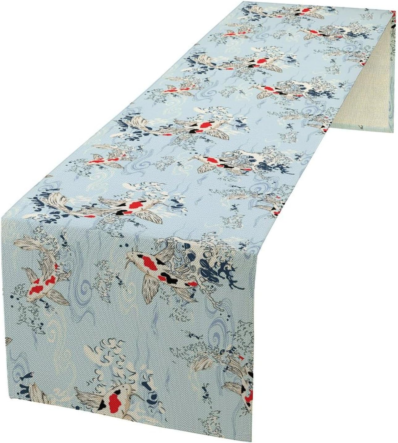 Kio Fish Table Runner Waves Retro Japanese Tradition Art Printed Burlap Runner Home Kitchen Dining Table Living Room Decor Fabric 1 Panel W13xL108in