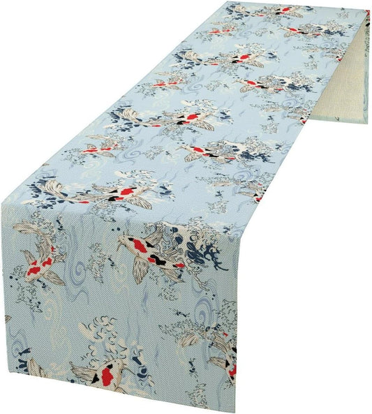 Kio Fish Table Runner Waves Retro Japanese Tradition Art Printed Burlap Runner Home Kitchen Dining Table Living Room Decor Fabric 1 Panel W13xL108in