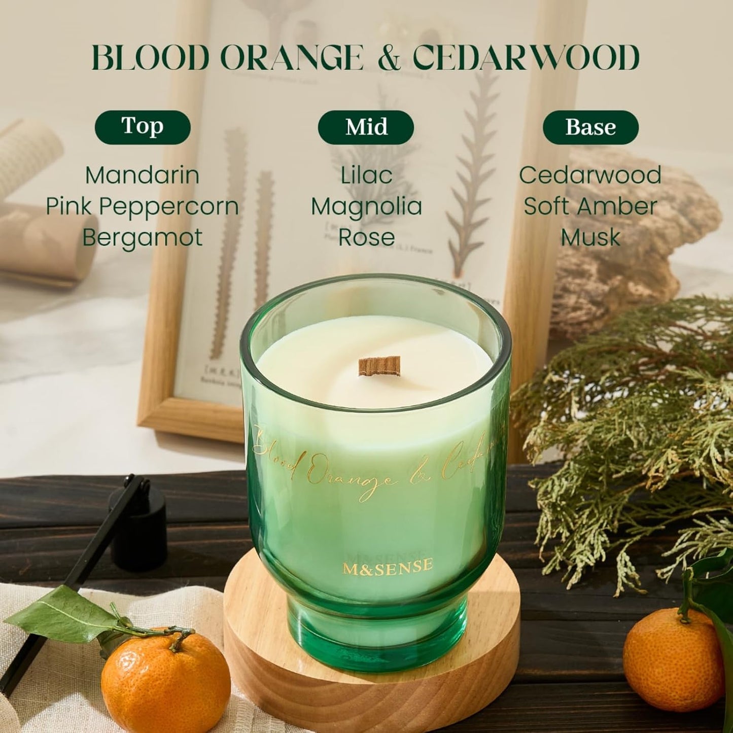 M&SENSE 16.6oz Natural Soy Large Jar Candle with Wooden Wick | Blood Orange & Cedarwood Scent | 95-Hour Burn & Long-Lasting Burn | Housewarming Gift for Men and Women