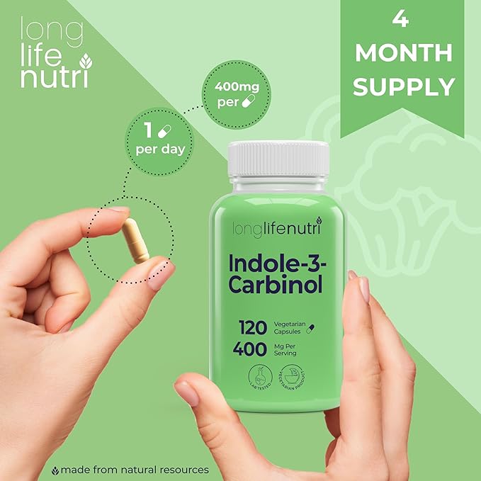 Indole-3-Carbinol 400mg - 120 Vegeterian Capsules, 4-Month Supply, Organic Supplement for Hormone Balance & Cellular Health, Lab Tested, Made in USA