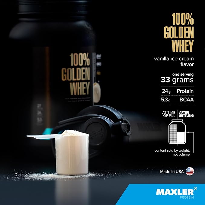 Maxler 100% Golden Whey Protein - 24g of Protein per Serving - Premium Whey Protein Powder for Pre Post Workout - Fast-Absorbing Whey Concentrate, Isolate & Hydrolysate Blend - Vanilla Ice Cream 2 lb