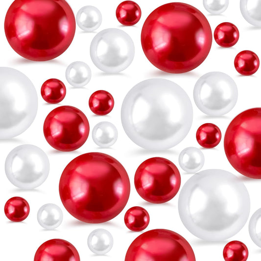 260Pcs Red&White Glossy Beads for Centerpiece Decor, Artifical Pearls Vase Filler, No Hole Round Pearl Beads for Wedding Birthday Christmas Party Home Decor(18mm 14mm 6mm)