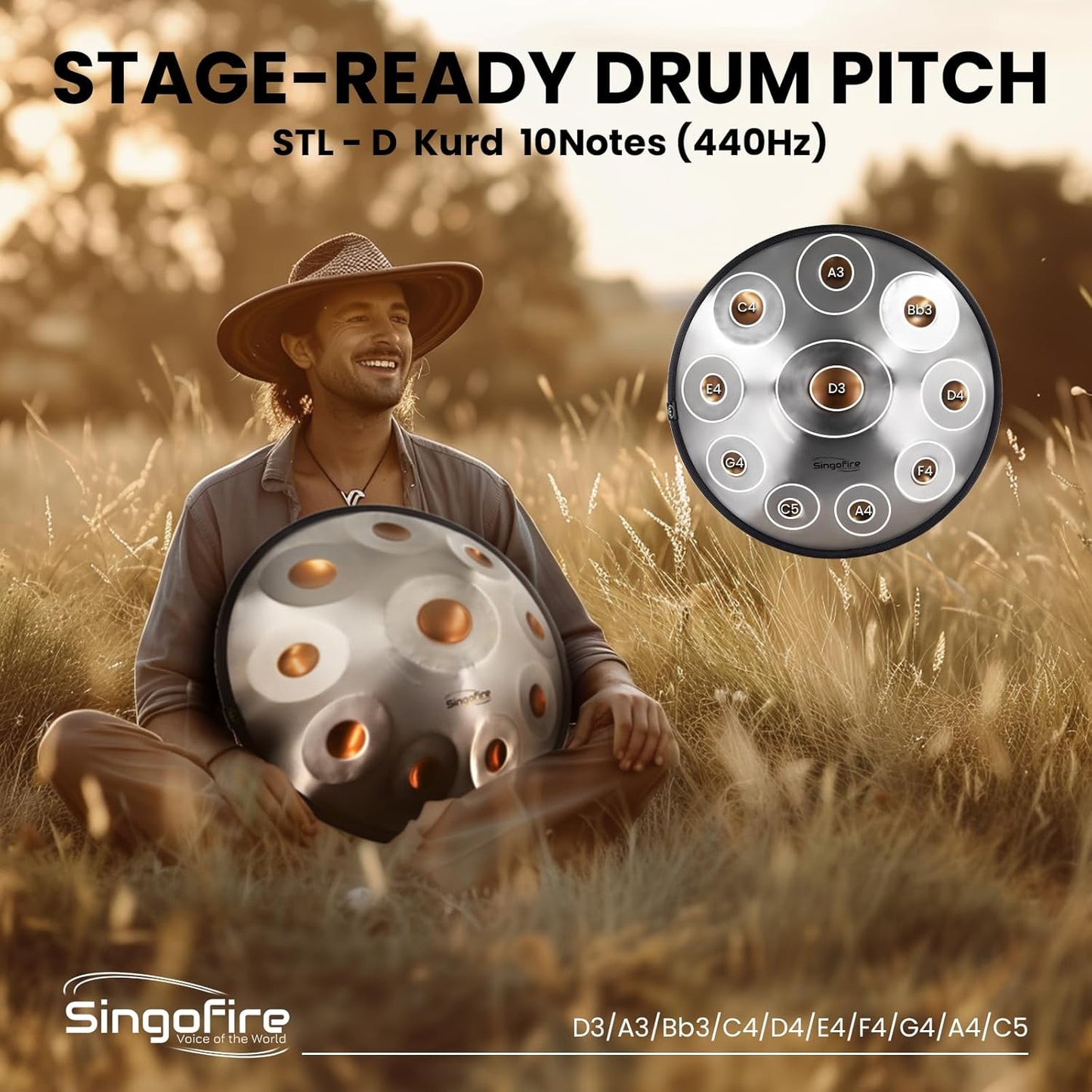 "SINGOFIRE" 10-Notes Handpan Drum, Handpan Drums for Adults, 22-Inch 440Hz D Minor Kurd Handpan, HandPan Instrument with Soft Handpan Bag, 2 Mallets, Handpan Stand and Dust-Free Cloth(Gold Eye)
