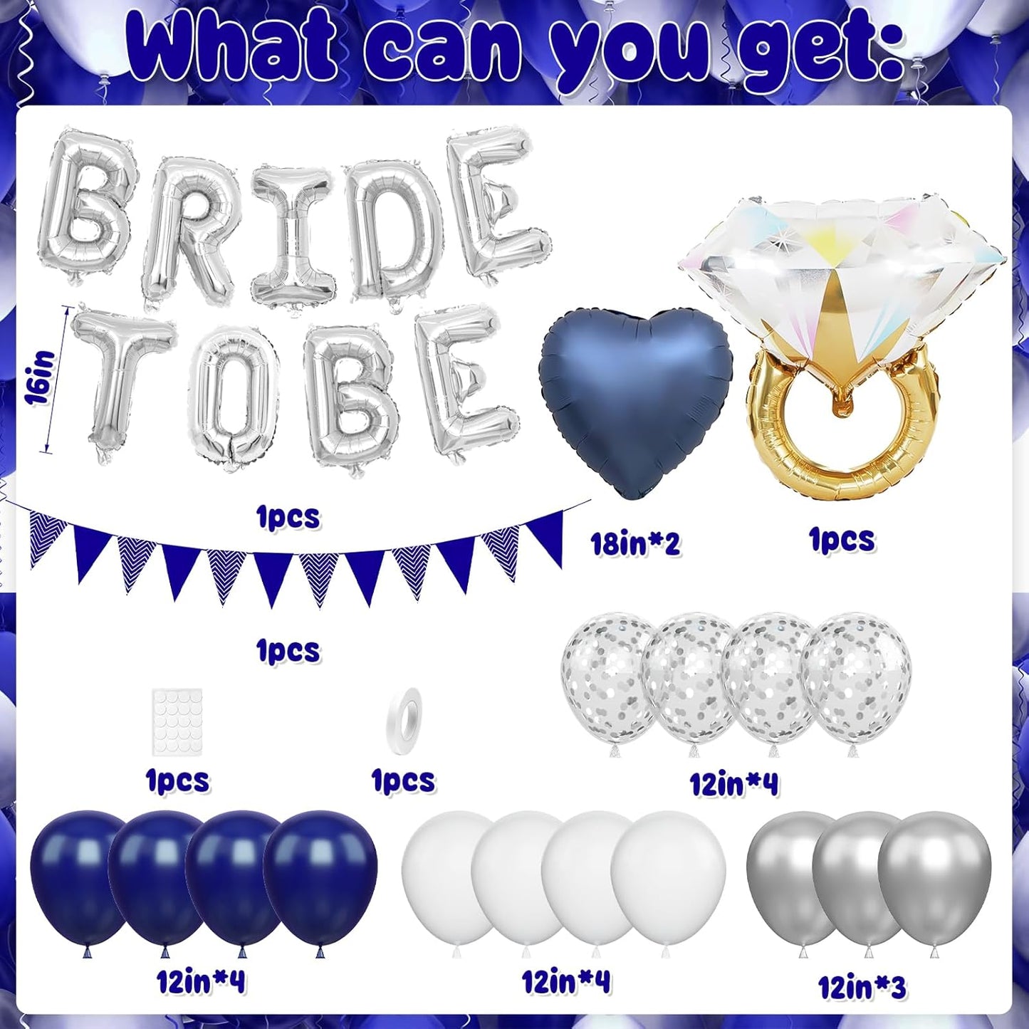 Blue Silver Bachelorette Party Decorations, Silver Bride To Be Bridal Shower Balloons Decoration, Navy Blue White Silver Balloon and Diamond Ring Blue Heart Balloon for Bachelorette Engagement Wedding