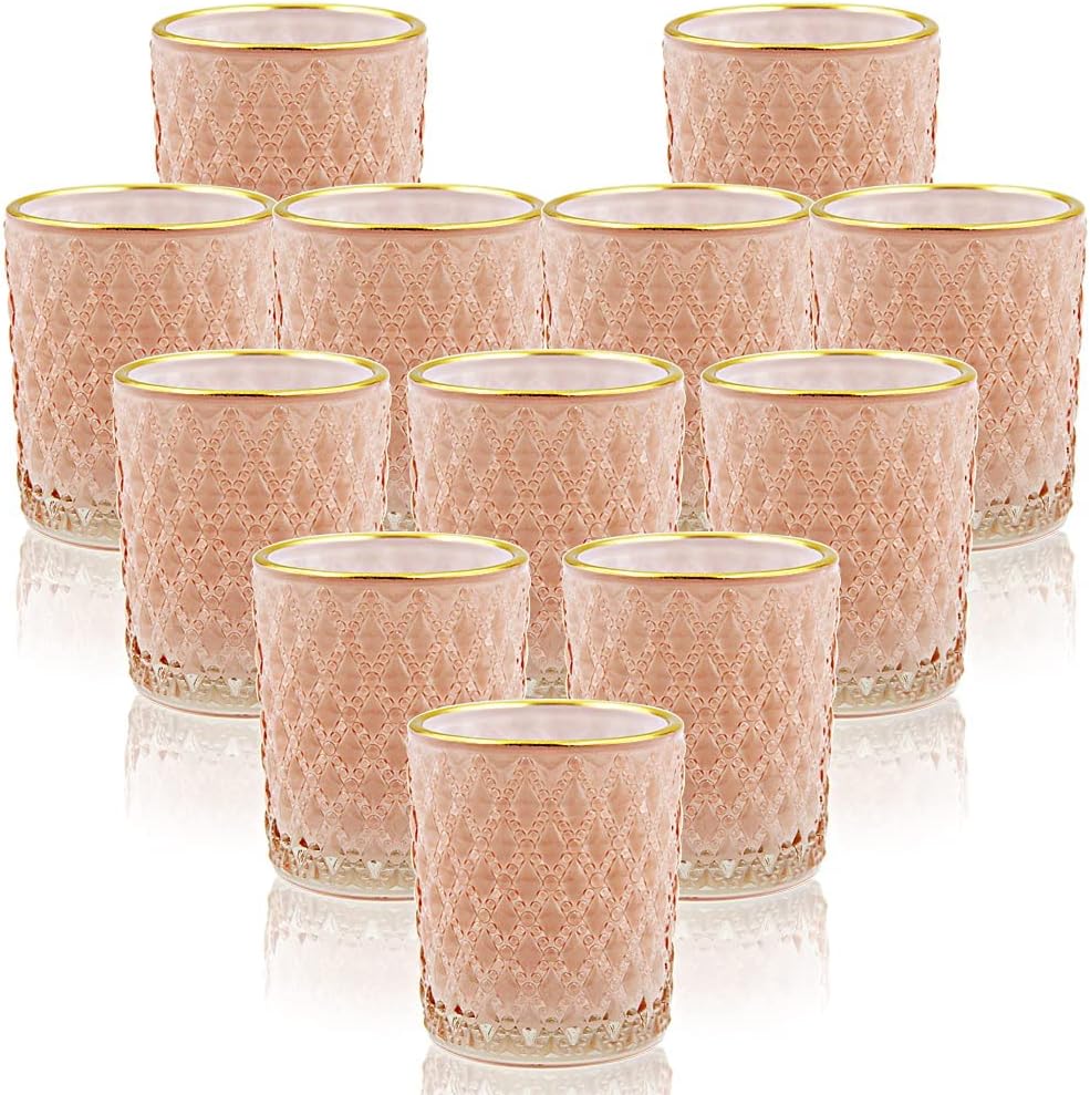 SHMILMH Pink Votive Candle Holders Set of 24, Pink Christmas Table Centerpiece Glass Tealight Holders Bulk with Gold Rim, Tea Candle Holder for Birthday Wedding Decor
