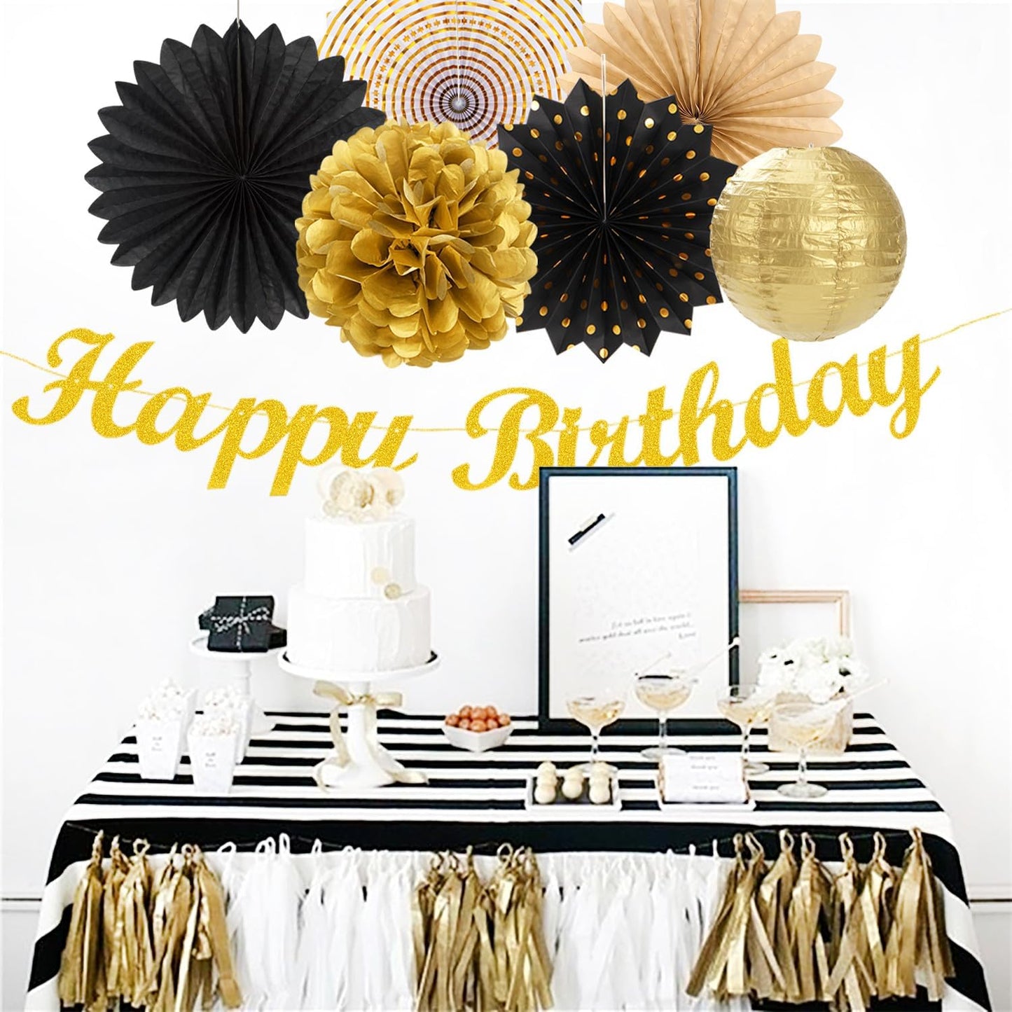 Black Gold Women-Men Birthday Party-decorations - 21pcs Happy Banner,Paper Streamers Lanterns Honeycomb,Tissue Pom Poms Fan,Classroom Birthday Supplies Decor Huglony