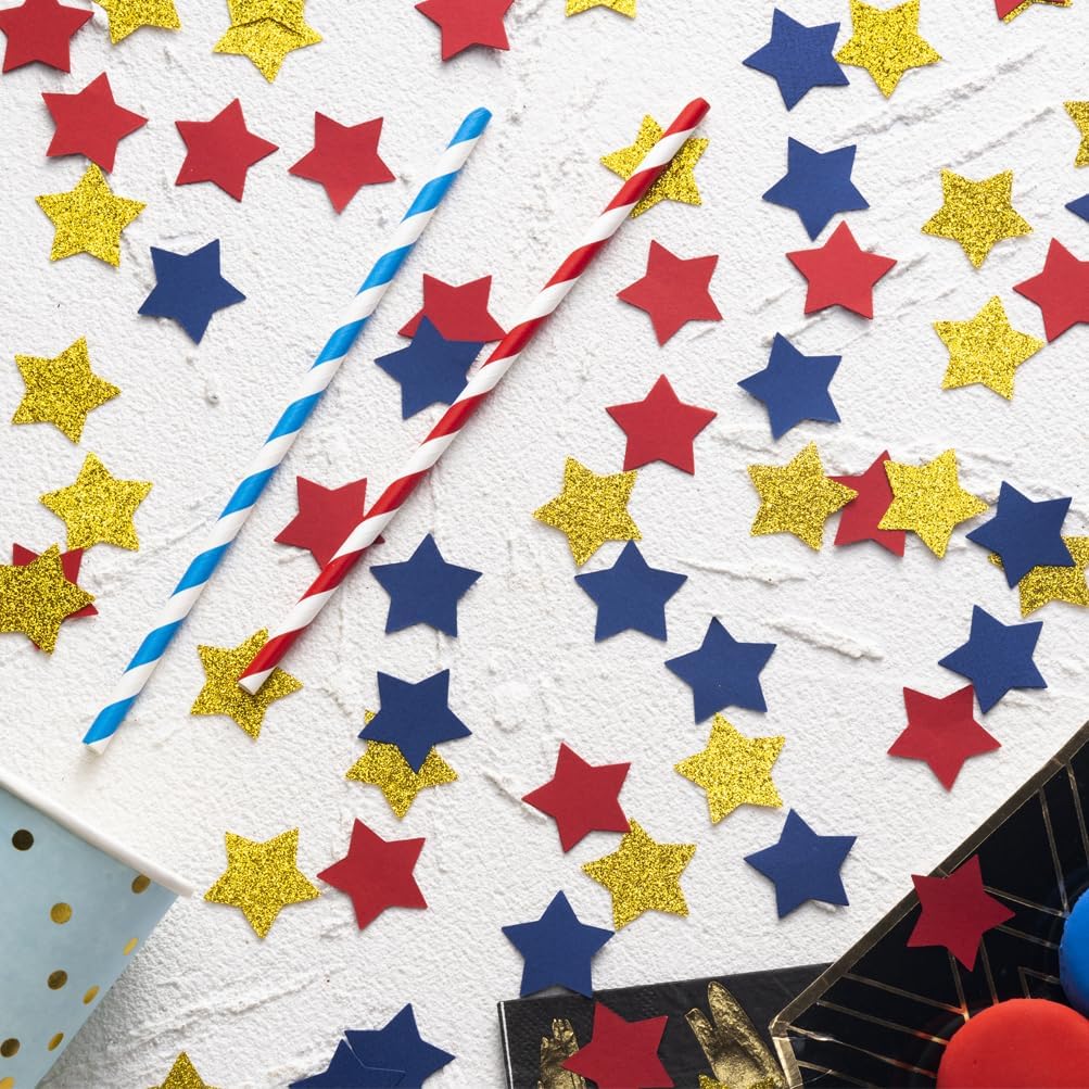 MOWO Gold Blue and Red Star Confetti Table Decoration for 4th July Graduation Retirement Theme Party,1.2 inch in Diameter,200 Counts
