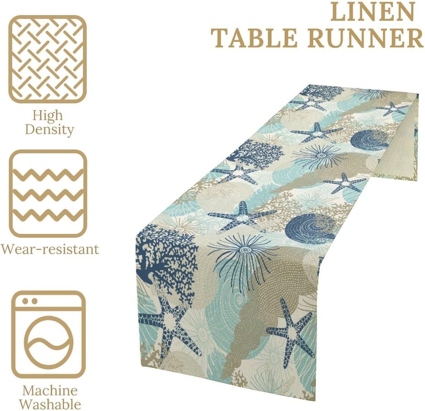 Nautical Coastal Table Runner，Ocean Themed Starfish Coral Conch Beach Kitchen Dinning Table Decoration for Indoor Outdoor Home Party Decor 13x70 Inch