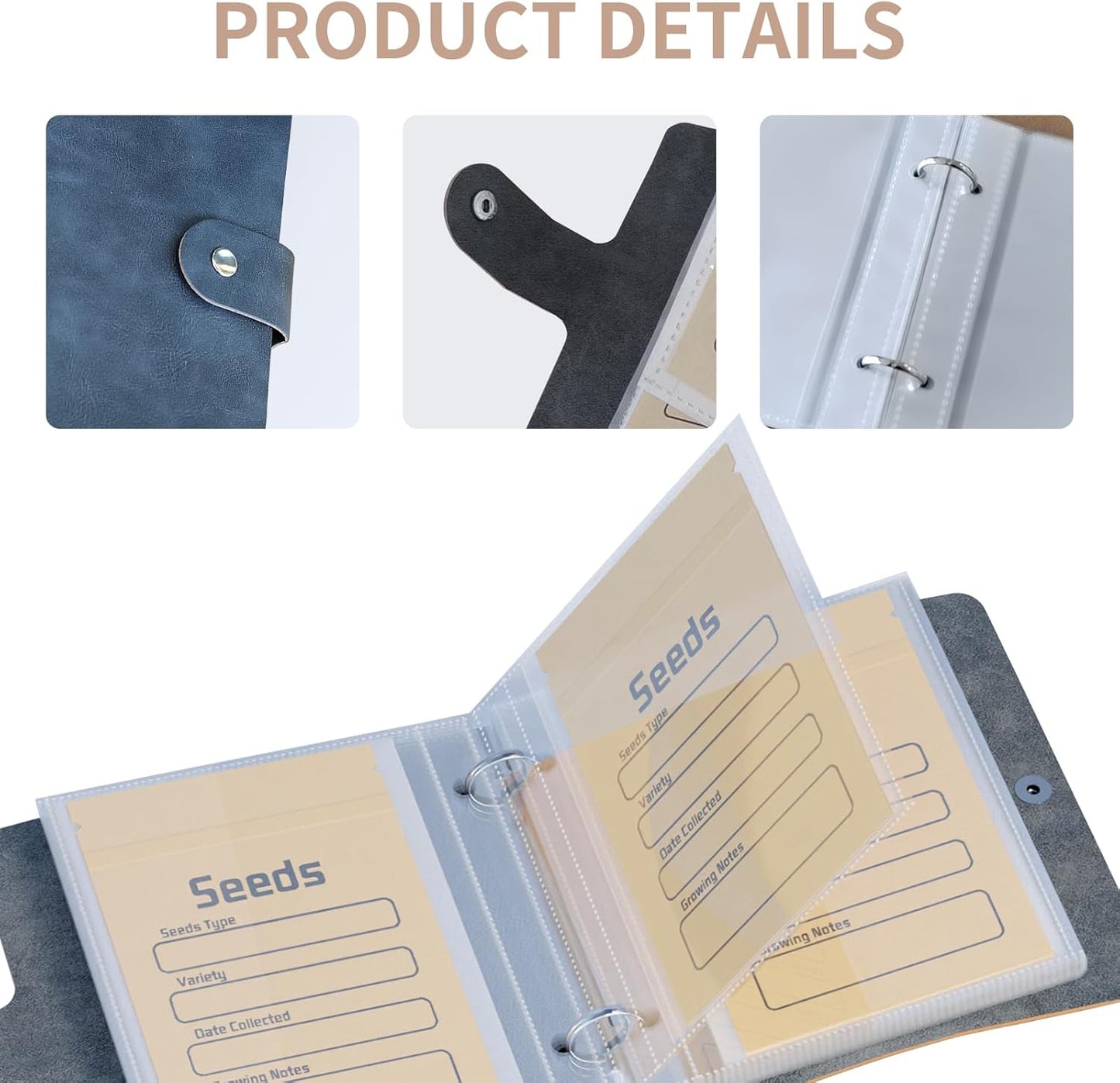 coutnier Seed Organizer Binder with 50 PCS Resealable Seed Envelopes - 50 Storage Pockets, 3.5x5 Inch Clear Sleeves, Seed Saver for Garden Lover - Blue