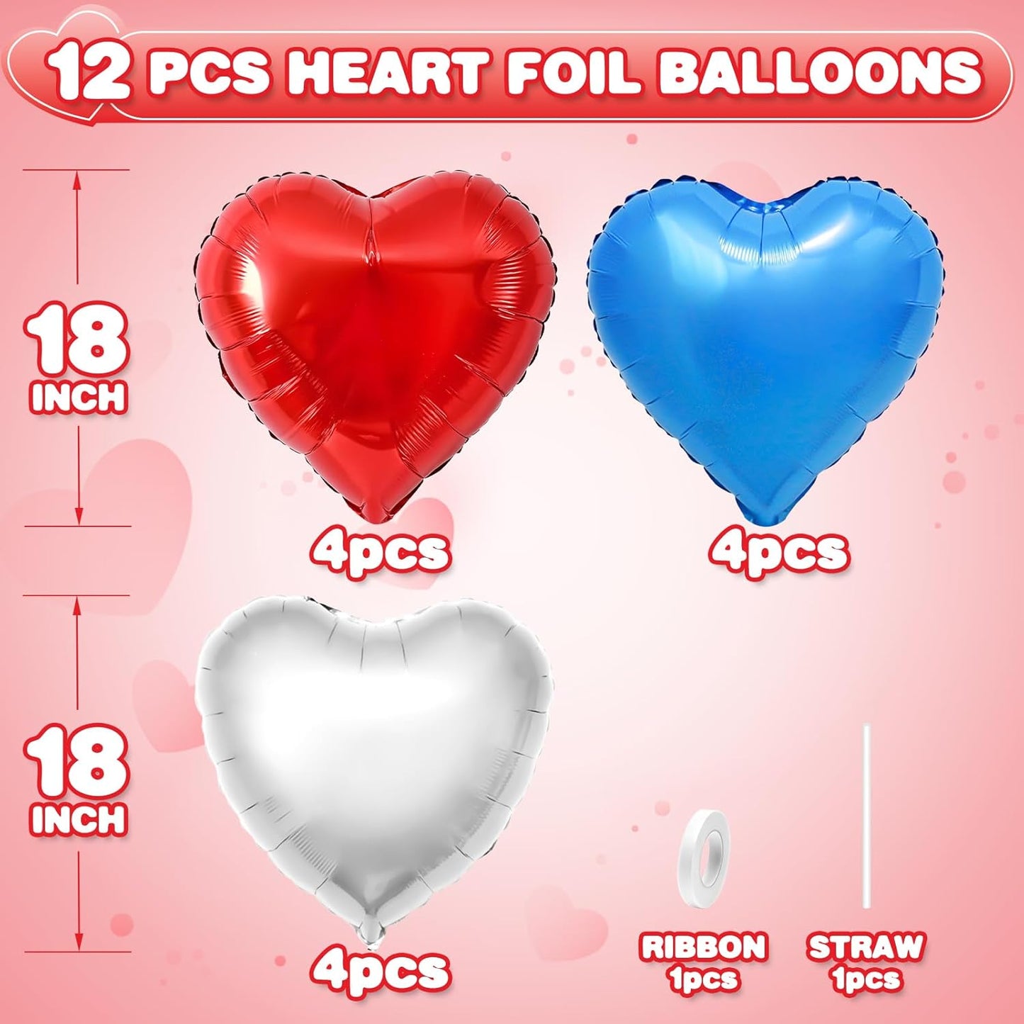 Red Blue Silver Heart Balloons,12Pcs 18Inch Blue Silver Red Heart Shaped Foil Helium Polyester Film Balloons for Birthday Anniversary Wedding Engagement 4th of July Party Decorations
