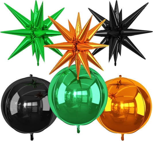 6Pcs Black Green Orange Foil Balloons,22Inch Black Orange Green 4D Round Ball Balloon and Explosion Star Balloon for Halloween Birthday Wedding Baby Shower Anniversary Party Decorations