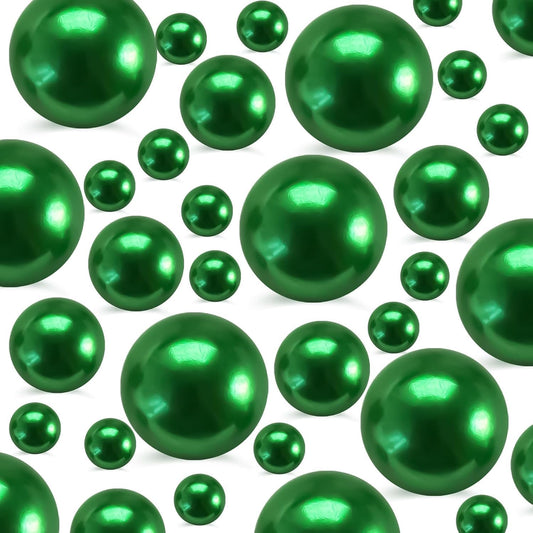 520Pcs Green Glossy Beads for Centerpiece Decor, Artifical Pearls Vase Filler, No Hole Round Pearl Beads for Wedding Birthday Christmas Party Home Decor(18mm 14mm 6mm)