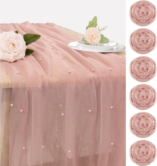 Set of 6 Pearl Table Runner 29 x 120 Inch Dusty Pink Tulle Fabric Lace Table Runners Boho Rustic Table Runners for Bridal Shower Birthday Party Wedding Arch Aisle Veil Dessert Table Decor(Dusty Pink)