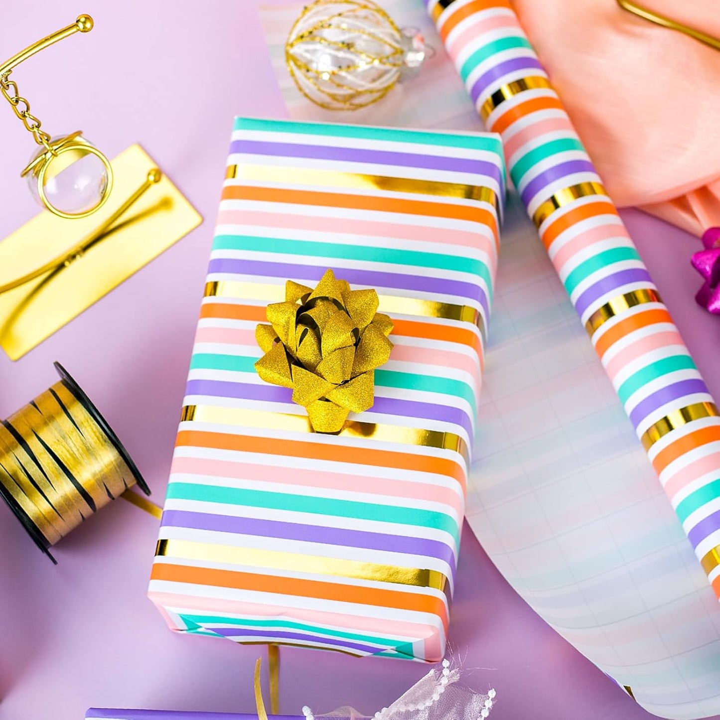 Yarcony Gift Wrapping Paper Roll, Rainbow Wrapping Paper, Colorful Stripes Gift Wrap with Gold Foil for Birthday, Baby Shower, Wedding, Christmas, All Occasions (Mini Roll, 17 Inch X 33 Feet)