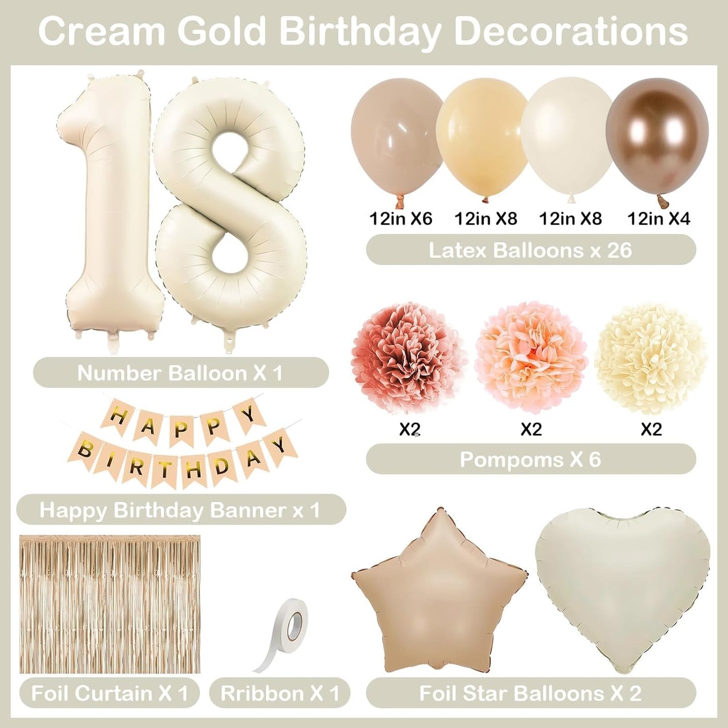 Beige 18th Birthday Decorations Girls Boys Cream Number 18 Balloon Nude Gold Happy Birthday Banner Fringe Curtain Paper Pom Poms Blush White Sand Champagne Star Foil Balloons Neutral Boho Party Decor