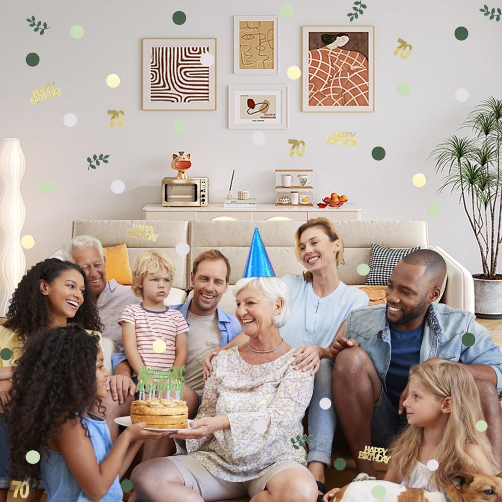 Sage Green 70th Happy Birthday Confetti, 70th Birthday Table Decorations Scatter Green Gold Foil Cake Confetti Decorations for 70 Bday Women Men Party Decor 230 Pcs