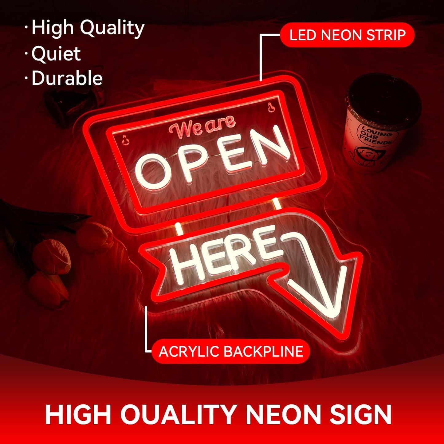 Ineonlife We Are Open Here Neon Sign Dimmable Neon Signs For Wall Decor Led Lights For Bar Man Cave Club Store Hotel Restaurant Coffee Shop Business Decor Gifts USB Powered 12.6x15.35in