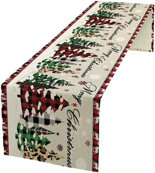 Christmas Tree Table Runner,Farmhouse Xmas Trees Buffalo Plaid Winter Snowflake Tablecloth Burlap for Hotel Indoors Outdoor Dining Room Kitchen Home Decor,W13X L90 in