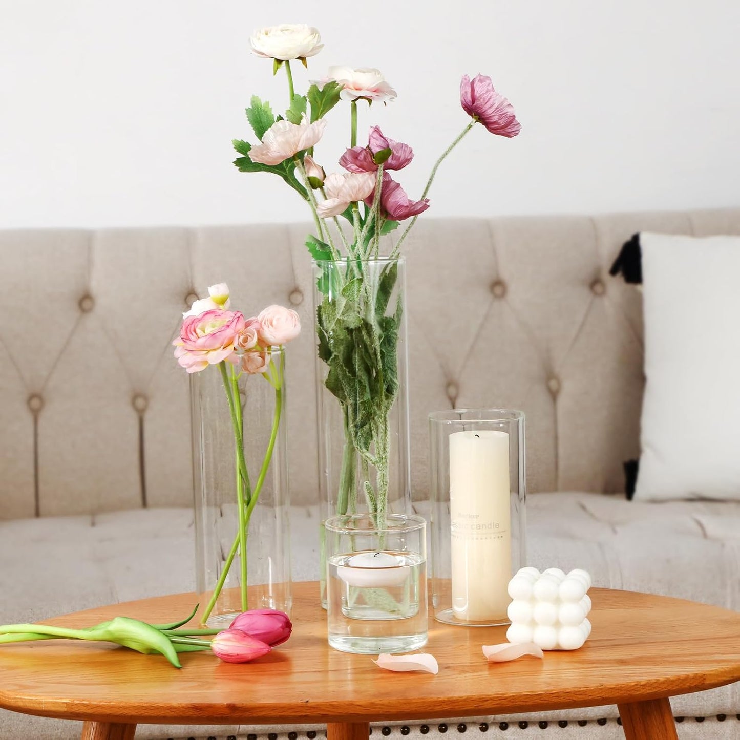 CEWOR 12pcs Glass Cylinder Vase 4, 6.8, 9, 11.8 Inch Glass Candle Holder Clear Vases for Centerpieces Tall Flower Vase for Wedding Home Decor Party 4 Different Sizes