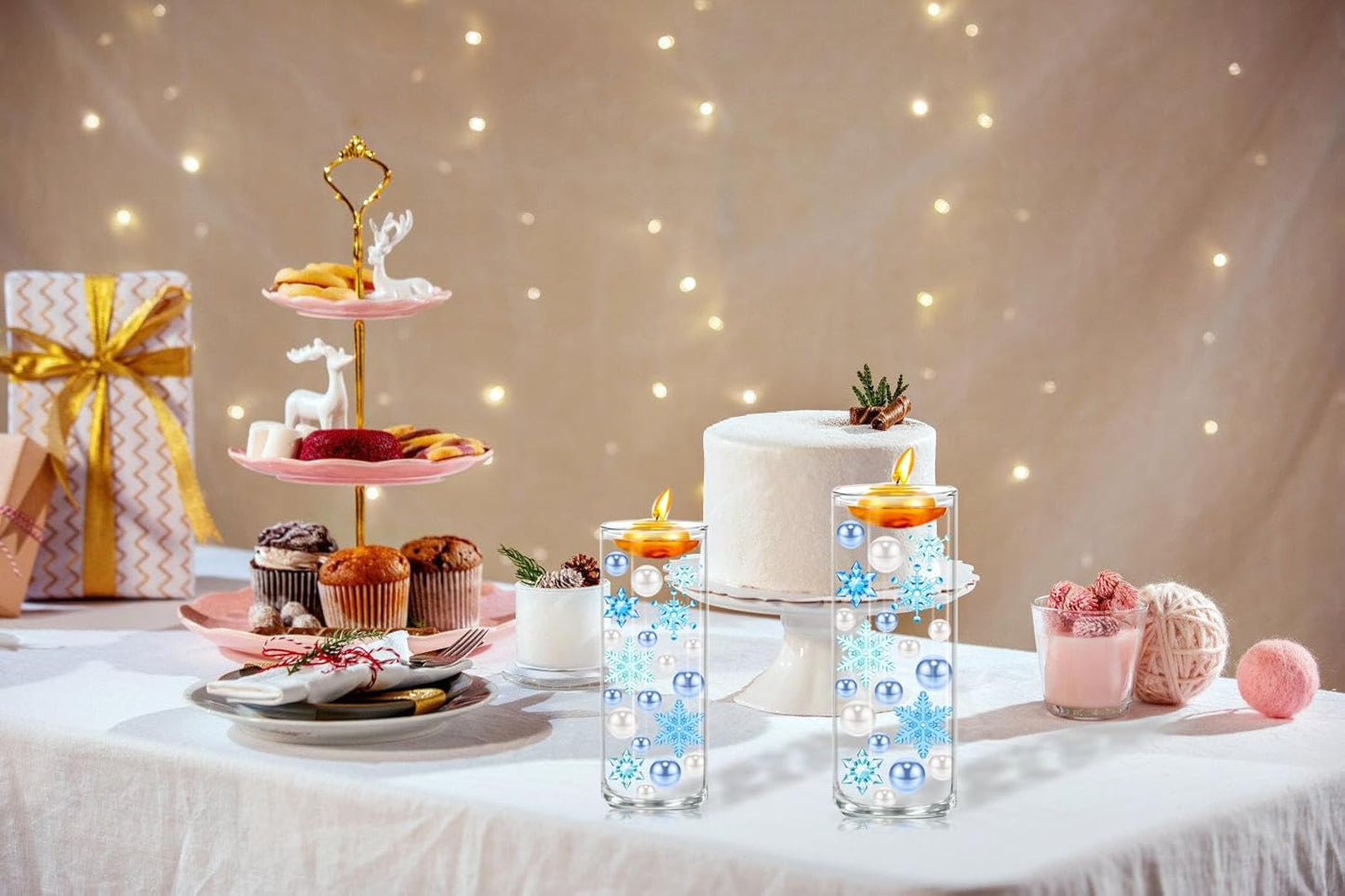 110 Pcs Vase Filler Christmas Decorations and Floating Beads, Snowflake Vases Fillers