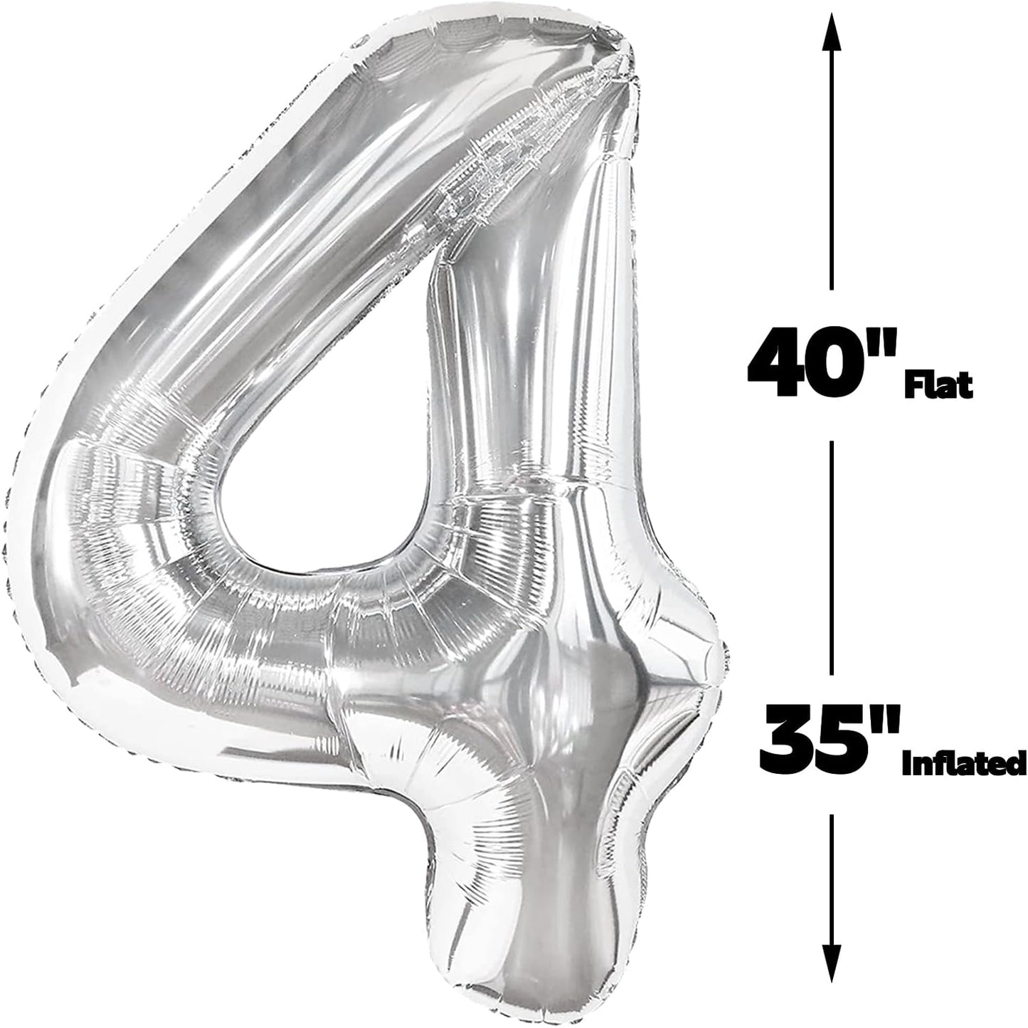 40 Inch Silver Large Number 4 Birthday Balloon, Giant Number Four 14 24 34 40 44 Balloons, Foil Mylar Big Balloons for Anniversary Graduation Supplies Decorations