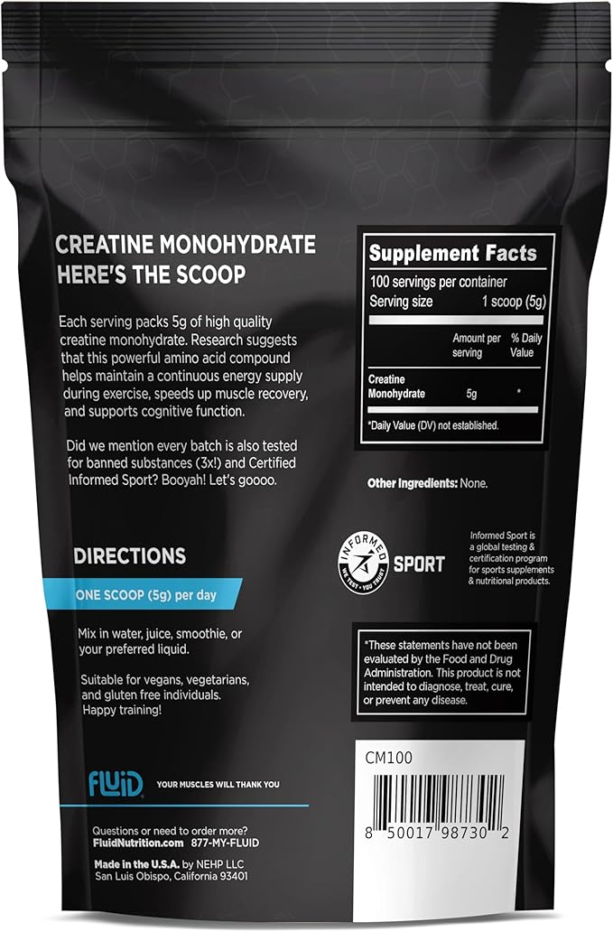 Fluid Creatine - 100% Creatine Monohydrate Powder, Unflavored, Informed Sport Certified, 5g per Serving (100 Servings)