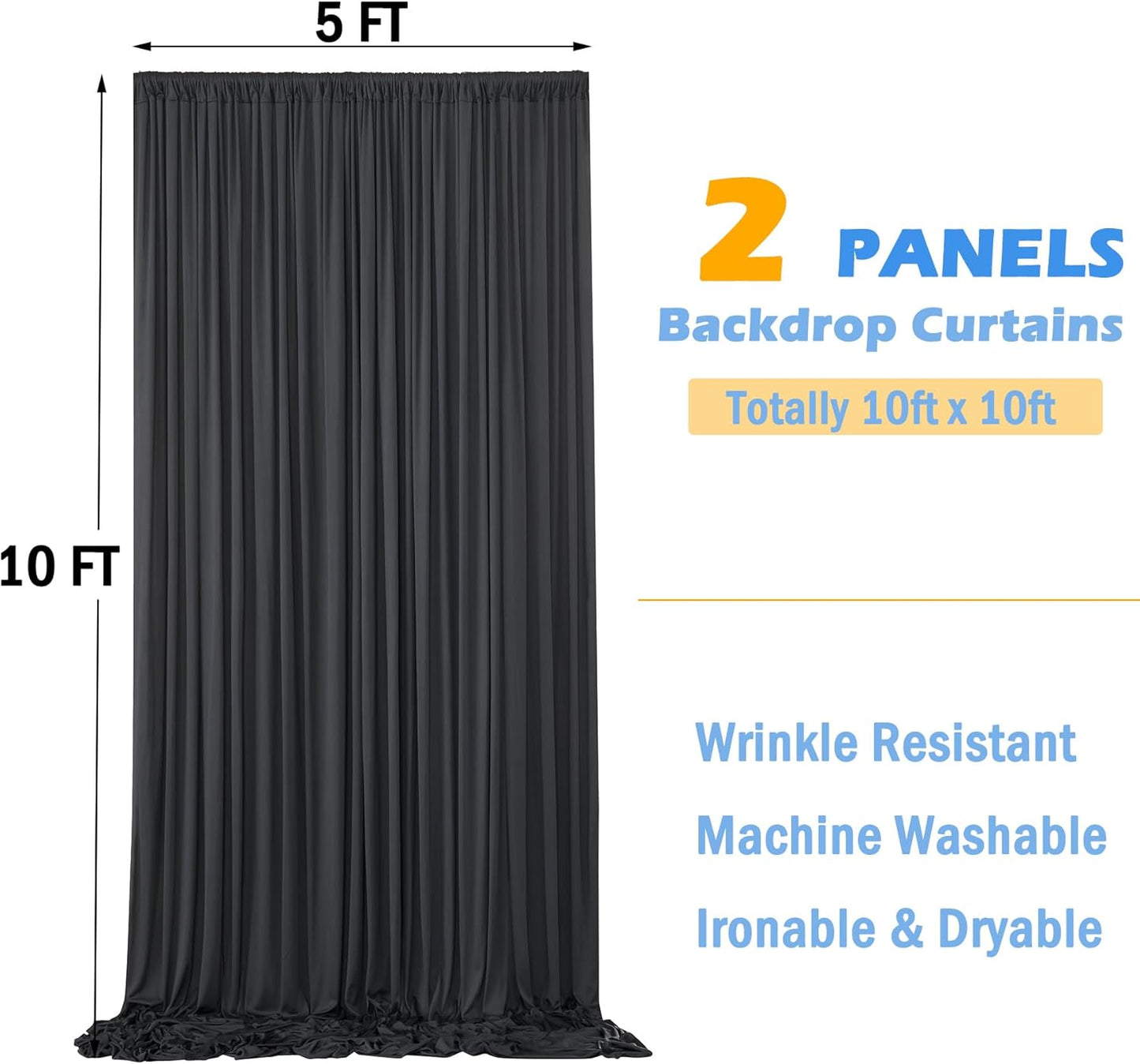 10x10ft Wrinkle Free Black Backdrop Curtain for Parties, Silky Polyester Photo Backdrop Drapes Back Drop Cloth for Wedding Birthday Graduation Photography Photoshoot Decor 2 Panels 5x10ft