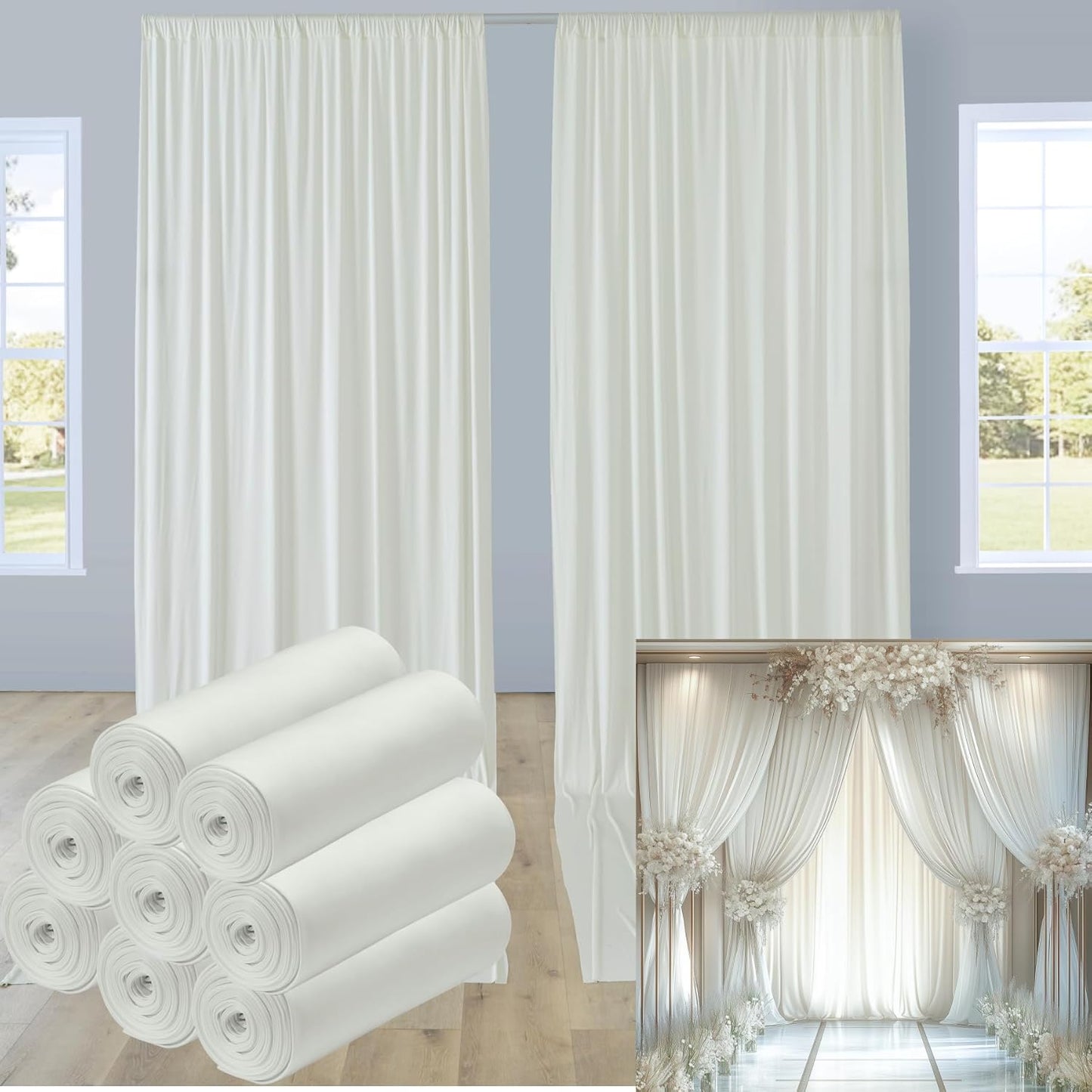 leegleri 40ftx12ft Wrinkle Free Ivory Backdrop Curtain, 8 Panels 12FT Height Ivory Wedding Backdrop Drapes, Silky Polyester Back Drop Cloth for Birthday Photography Background Party Backdrop Draping