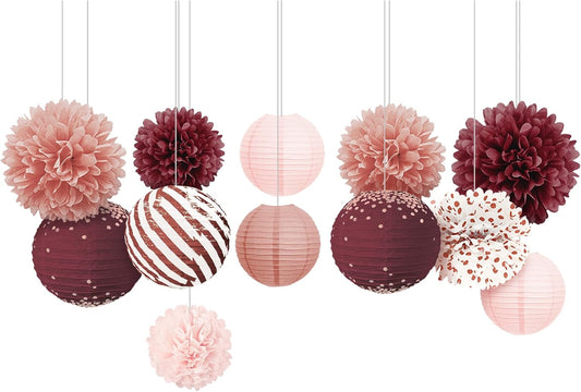 NICROLANDEE Burgundy Party Decorations 12PCS Hanging Paper Lanterns Tissue Pom Poms Decor for Retirement Party Birthday Anniversary Valentines Day Decorations