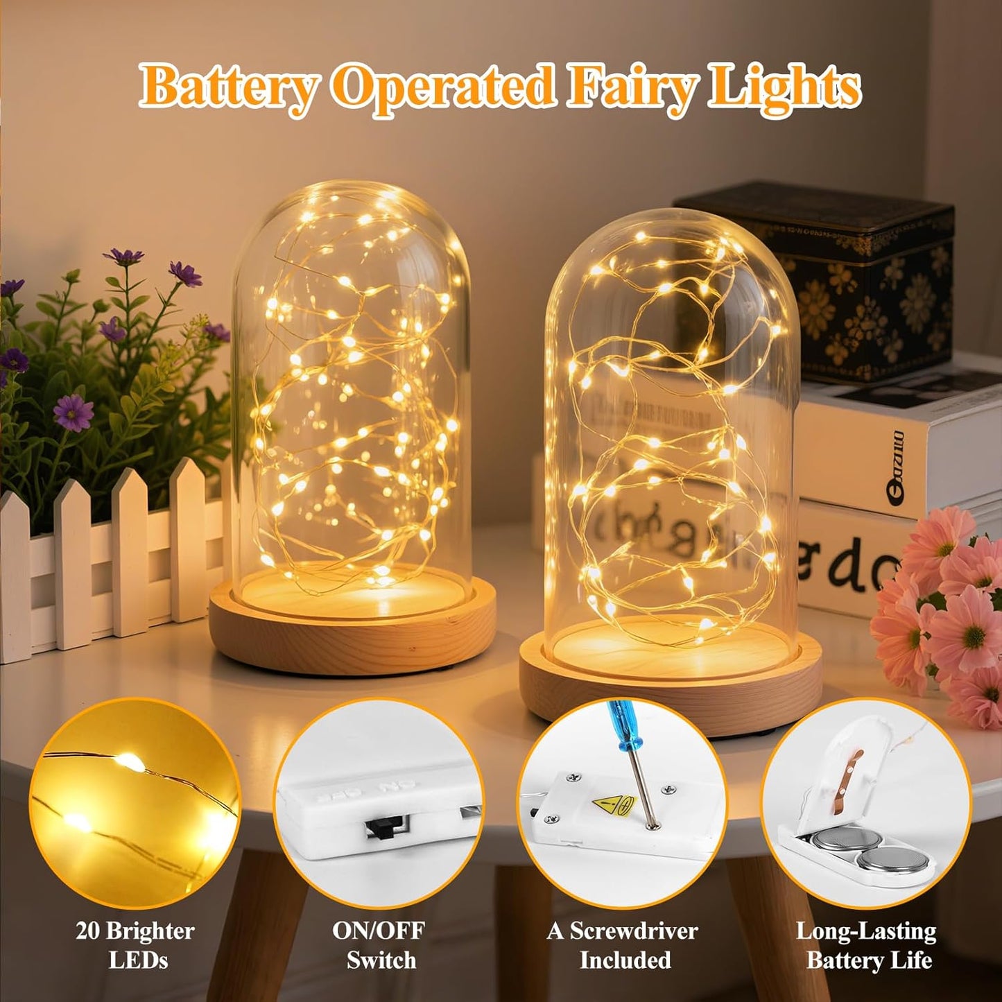 Lakumu 24 Pack Fairy Lights Battery Operated -7FT 20LED String Lights Waterproof Silver Wire Firefly Starry Moon Lights for DIY Christmas Decorations Party Wedding Centerpiece Table Decor, Warm White