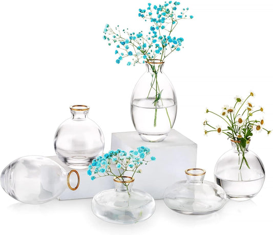 Glass Bud Vase for Centerpieces, 6Pcs/2Sets Glasseam Modern Gold Rim Mini Small Vases for Flowers Bulk Flower Vase Set Aesthetic Cute Handmade Tiny Short Wedding Table Centerpiece Decor